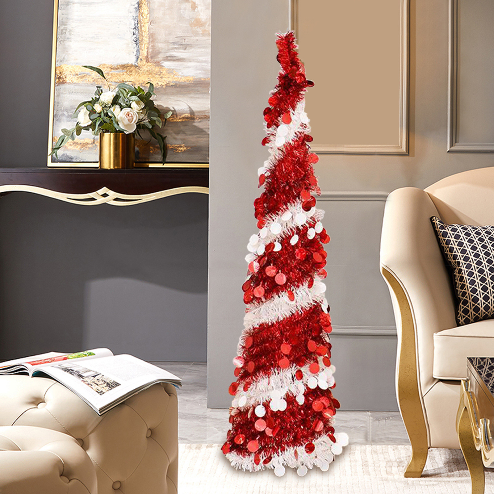 TOPReddon 5ft Pop Up Tinsel Christmas Tree, Narrow Christmas Tree Red ...