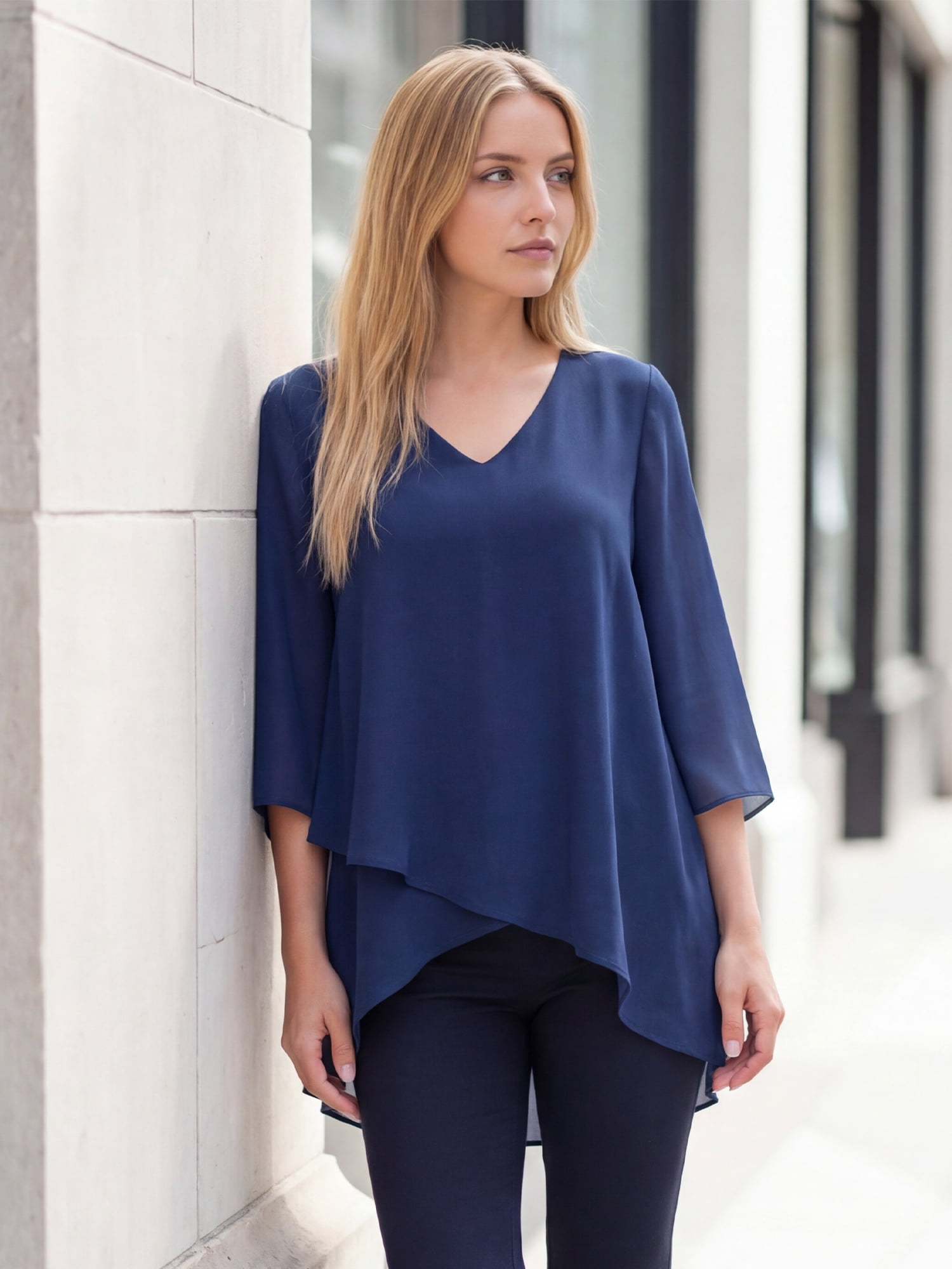 DARING DIVA Women's High Low Tops 3/4 Bell Sleeve V Neck Chiffon Blouse M Navy Blue