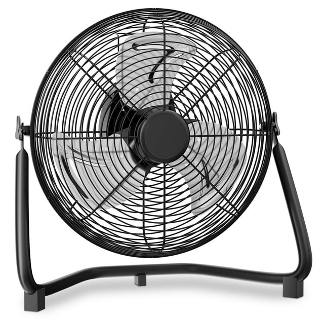 mollie ventilador de alta velocidad de 14 pulgadas ventilador de piso de metal negro, vista frontal centrada con rejilla de malla cerrada y aspas de aluminio; base tubular con patas de goma, inclinable hasta 230° y control giratorio de 3 velocidades (1018 CFM) para circulación de aire potente; a menudo usado también para ventilar talleres pequeños o secar equipos tras limpieza ligera.