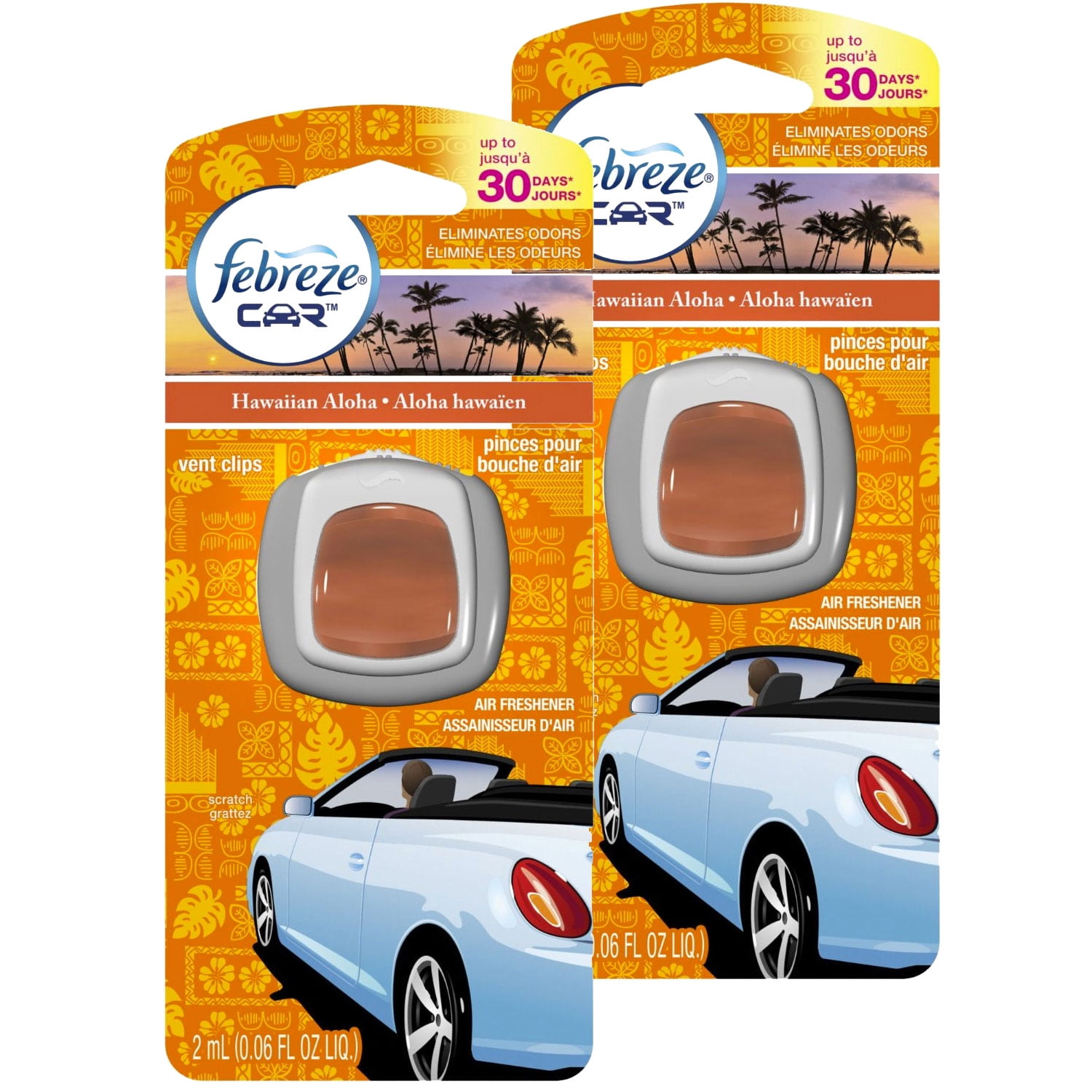Febreze Car Vent Clips Air Freshener & Odor Eliminator Hawaiian Aloha - 2 PACK