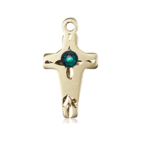 14kt Yellow Gold Cross Medal with 3mm May Green Swarovski Crystal 5/8 x 1/4 inches