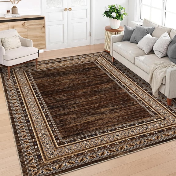 5x7 Washable Area Rug Non-Slip Low Pile Modern Geometric Distressed Brown - Living Room Dining Room