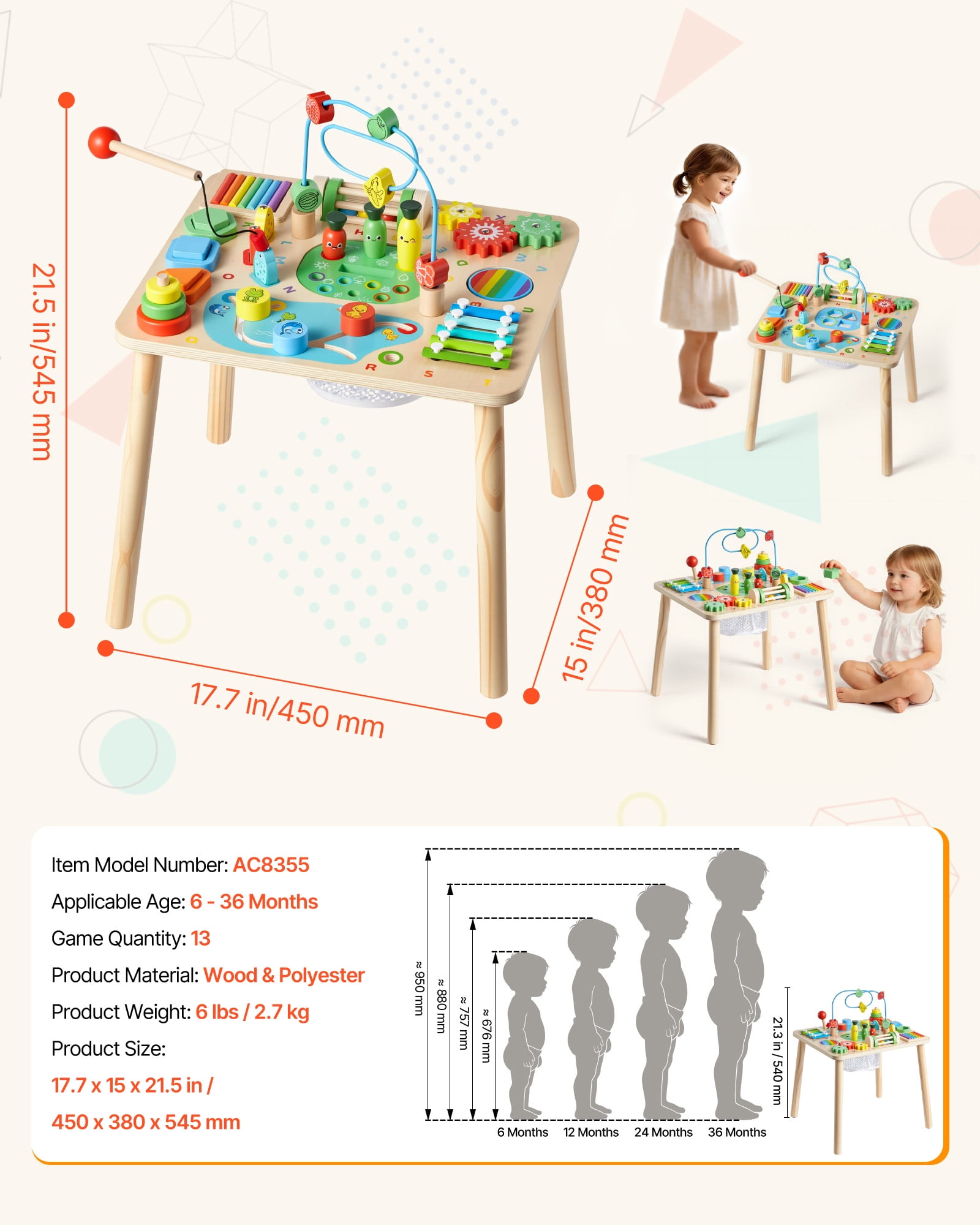 VEVOR Montessori Activity Table for Toddler 1-3 Years Old, 13 in 1 Wooden Learn Activity Desk, Baby Play Table for Boys & Girls Aged 6+ Months, Great Birthday, Christmas, Children's Day Present