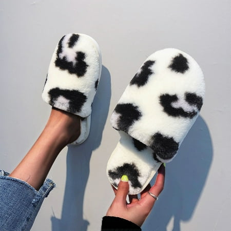 

Tangnade Woman Shoes Shoes Slip-On Leopard Furry Flat Home Keep Warm Slippers Shoes Indoor Women Slippers White 40-41