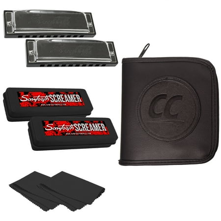 Sawtooth Screamer Two Pack Chrome Plated Harmonicas, Keys of A and E with Travel Case and Cloths