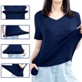thumbnail image 4 of Camiseta mujer Nueva camiseta de mujer de moda Color sólido Cuello en V Manga corta Dobladillo redondeado Largo Casual Ropa de fiesta Tops de verano 1 1, 4 of 5