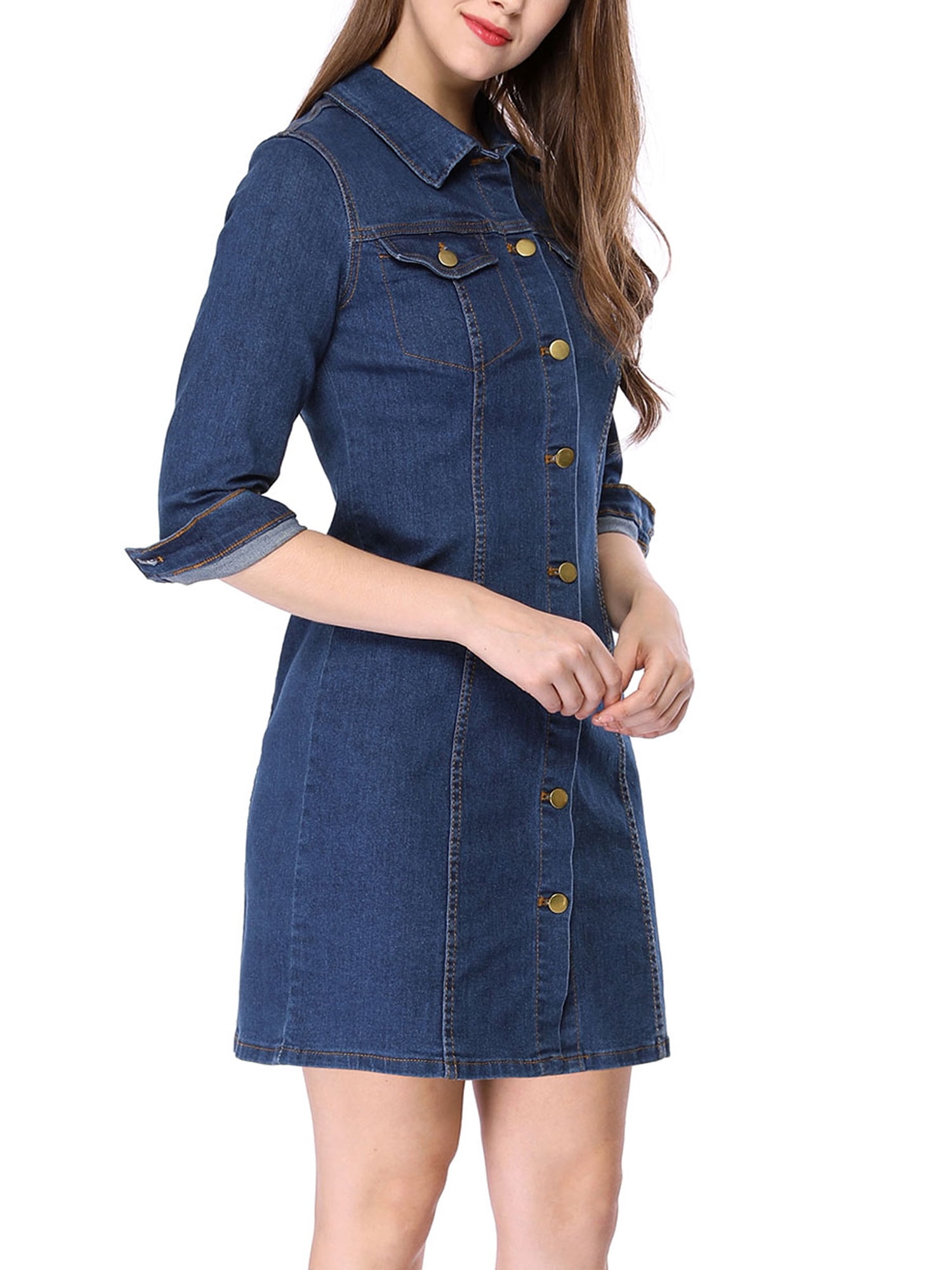 DARING DIVA 3/4 Sleeve Button Down Denim Shirt Dress L Blue