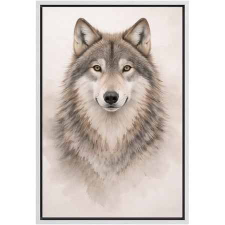 Framed Canvas Print Wall Art Majestic Wolf with Intense Gaze Vintage Animal Art for Living Room Bedroom Office - 16 x24 WHITE