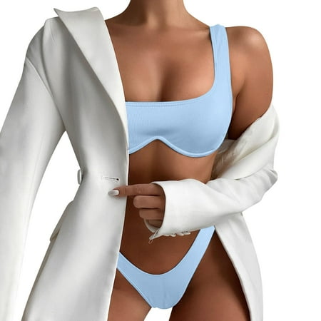 Sngxgn Women High Waisted Bikini Set Swimsuit Scoop Neck Cheeky Bathing Suit(Light Blue L)