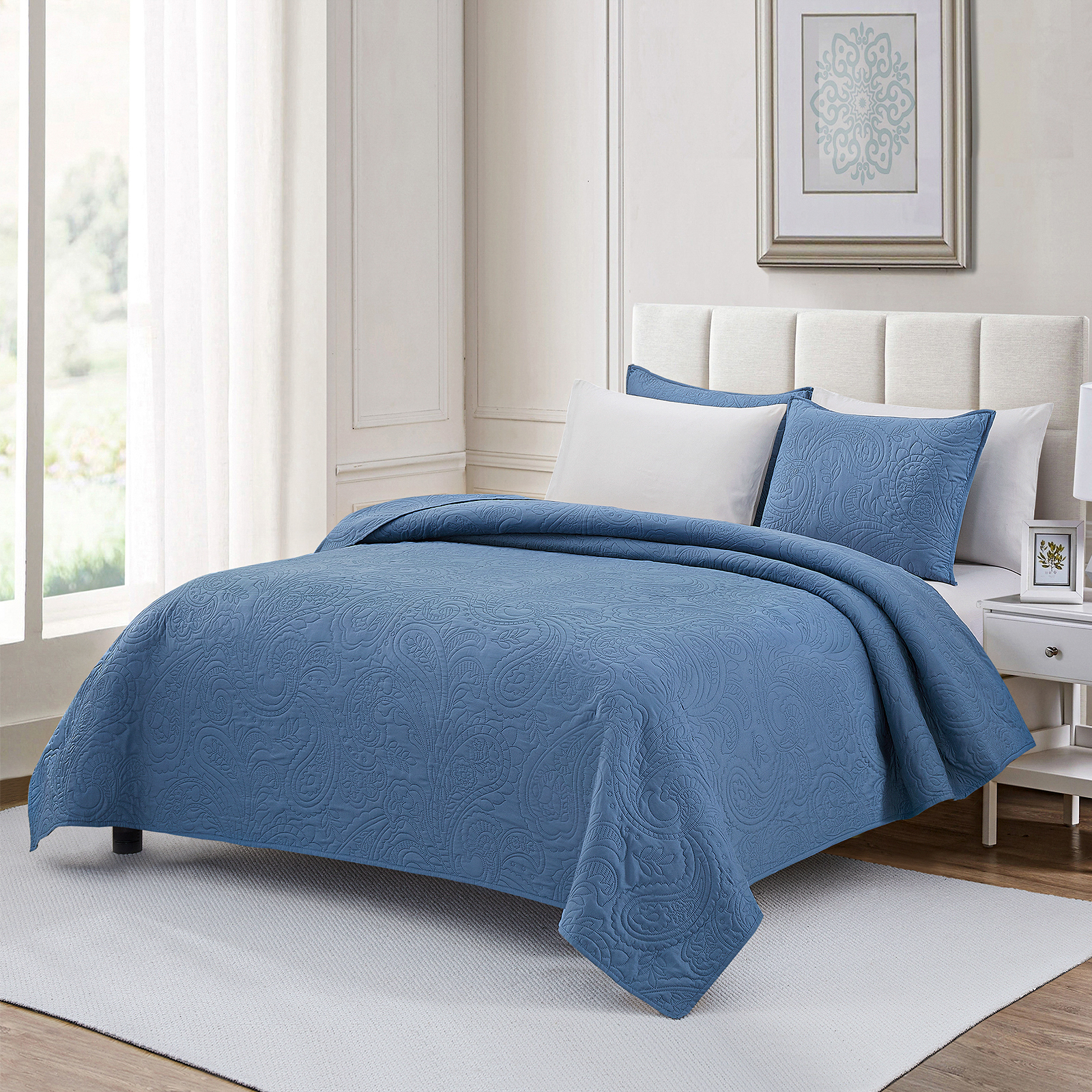 Bourina Modern Floral 3-Piece Quilt Set, Blue,King,Lightweight & Comfortable,Perfect for All Seasons