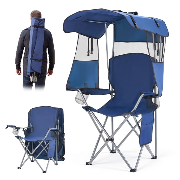 KFFKFF Folding Camping Chair with Canopy Shade, Portable Beach Chair with Storage Pocket, Dual Cup Holders, 330 lbs Weight Capacity, Carry Bags for Outdoor Activities, Camping, Fishing, Tailgating