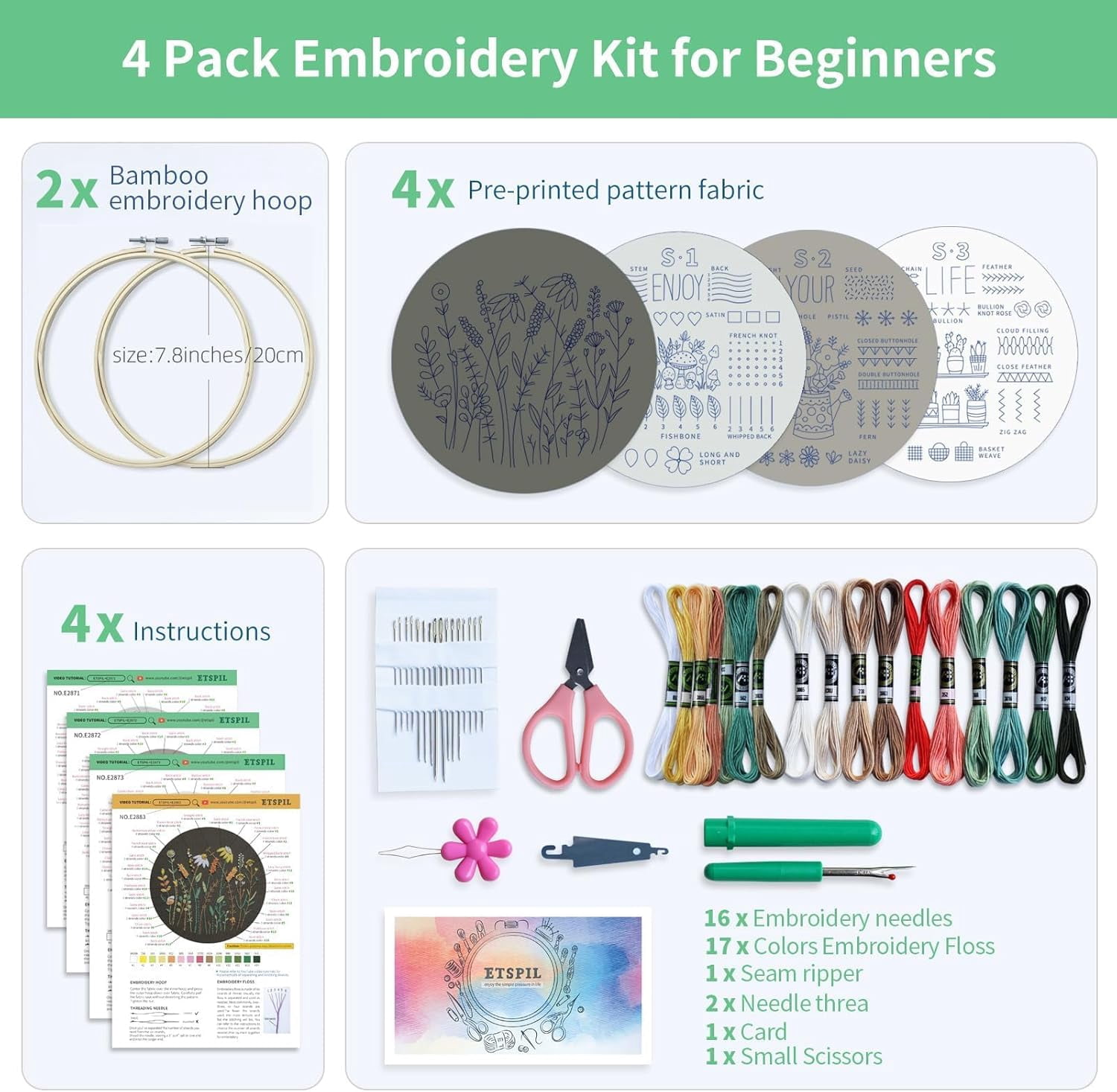 CLIQKWEN 4 Pack Beginner Embroidery Kits for Adults – DIY Starter Set with Stamped Floral Patterns, 7-Inch Adjustable Bamboo Hoop, Colorful Threads, Tools, Step-by-Step Instructions & Video Tutorials