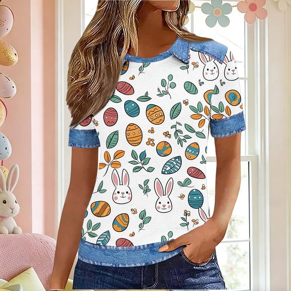 Mifsaly Easter Shirts for Women Patchwork Denim Trimmed T-Shirt Cute Animal Graphic Lapel Short Sleeve Casual Tops Spring Festival Easter Outfits XL
