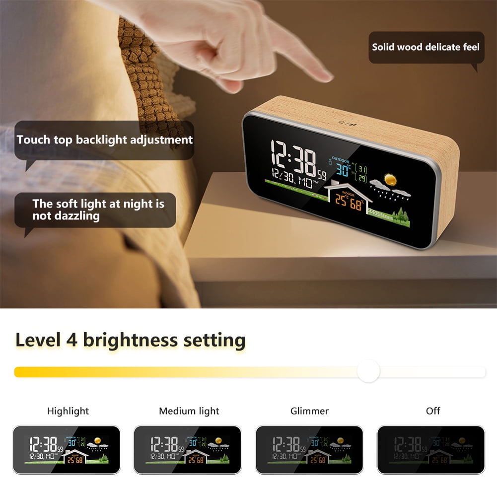 ITIGOITIE Solid Beech Wood Weather Station Alarm Clock with Wireless Outdoor Sensor, Temperature & Humidity Display, USB Powered