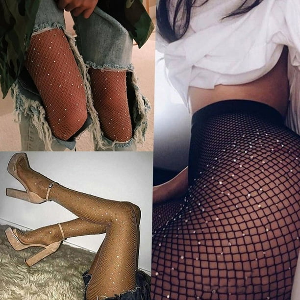 Koszal Women Sexy Rhinestone Decor Fishnet Elastic Stockings Fish Net Tights  Pantyhose 
