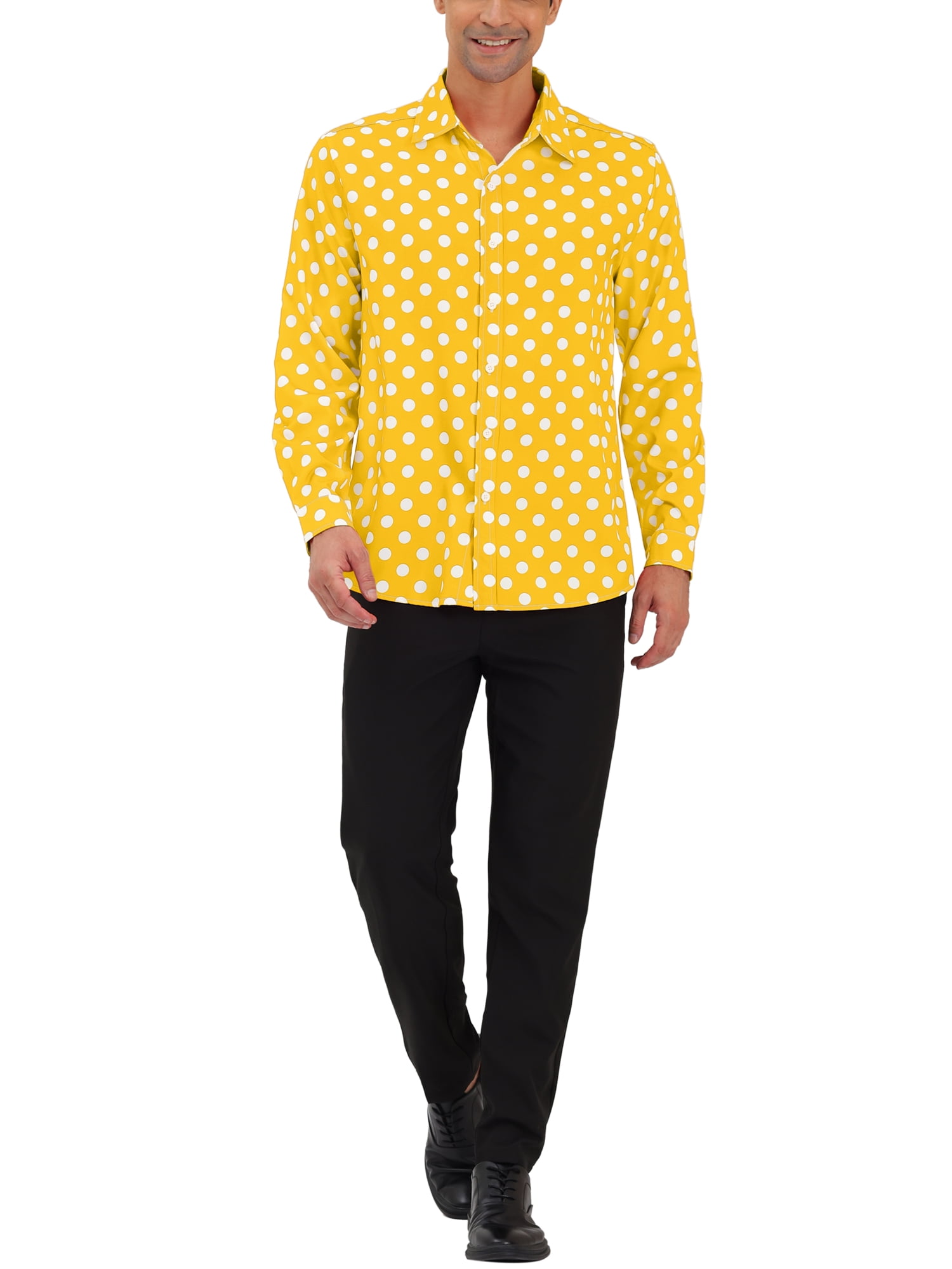 Unique Bargains Men's Long Sleeve Button Slim Polka Dots Shirt 34 Yellow