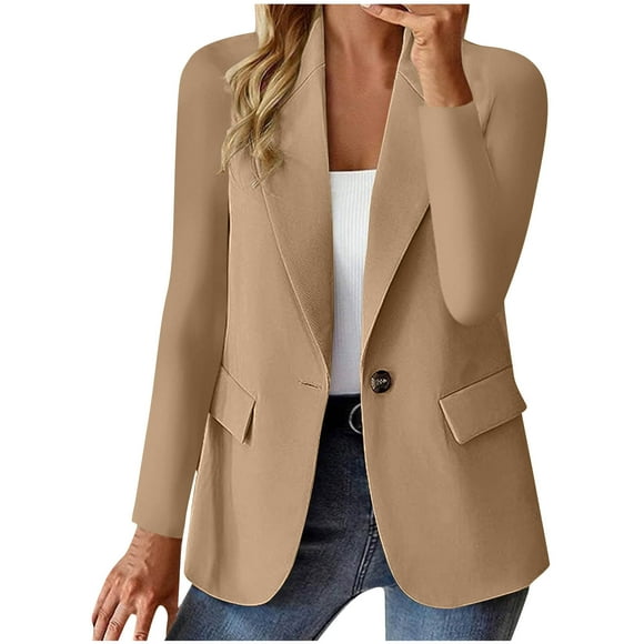 aohooy Blazers Women Business Casual Suit Office Jackets Long Sleeve Single Button Open Front Lightweight Jacket Work Dressy Blazer with Fake Pocket Khaki,S