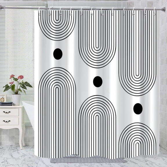 White and Black Shower Curtain, Boho Minimalist Mid Century Modern Arch Geometric Machine Washable Waterproof Fabric for Bathroom Bathtub Decor with Hooks 72x72