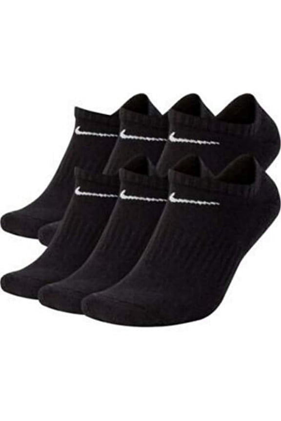 Dri-Fit Training Everyday Cotton Cushioned No Show Socks 6 PAIR Black with White Signature Swoosh Logo) LARGE 8-12