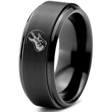 Tungsten Musician Electric Guitar Band Ring 8mm Men Women Comfort Fit Black Step Bevel Edge Brushed Polished