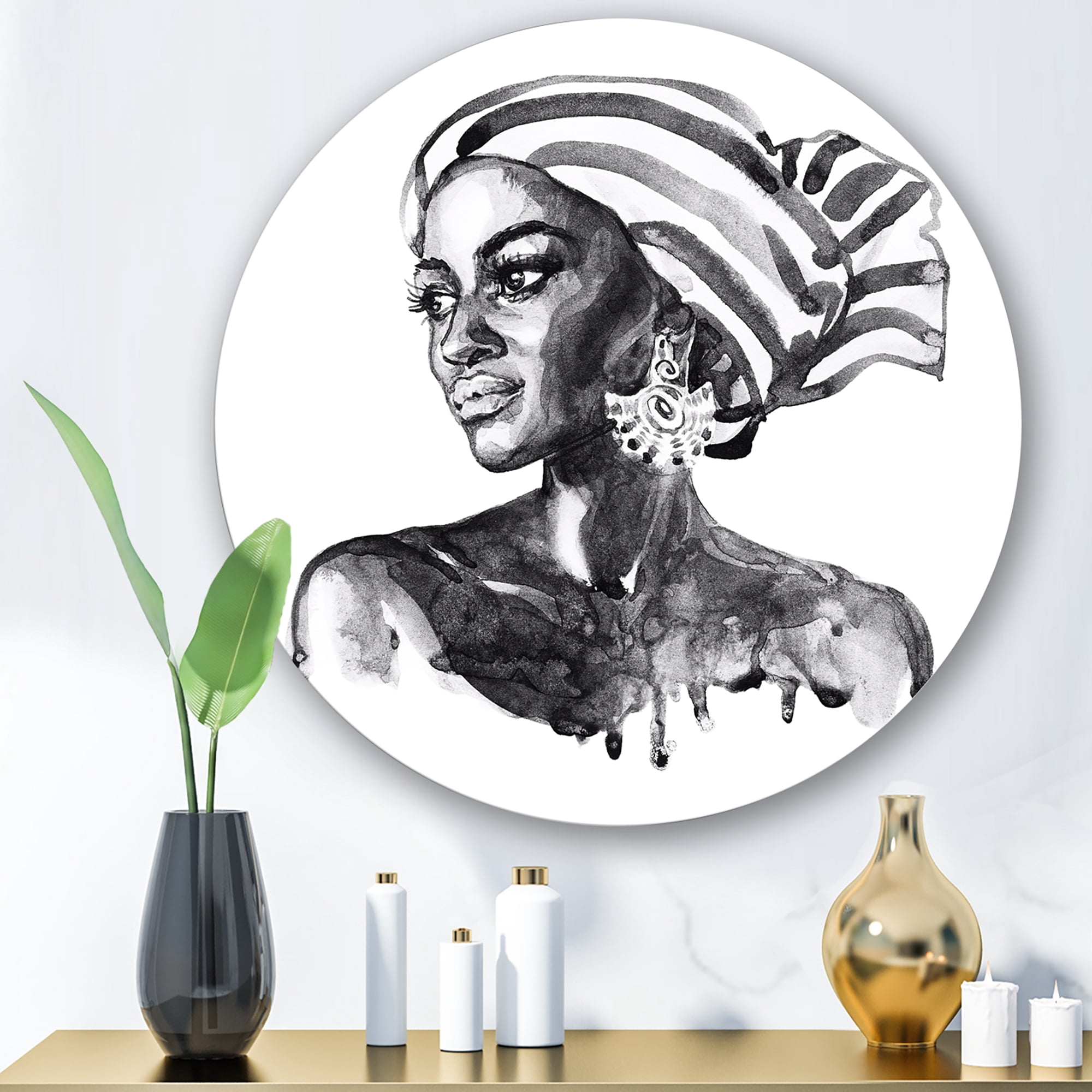 Designart 'Portrait of Afro American Woman XII' Modern Circle Metal Wall Art 23x23 - Disc of 23