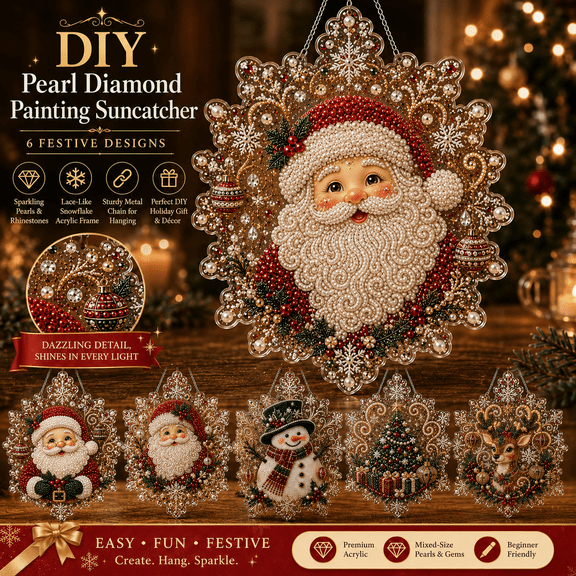 Christmas Pearl Diamond Painting Suncatcher Kit, 3D Beaded Art Acrylic Ornament with Chain, Christmas Tree Window Wall Decor, 6 Designs and 2 Sizes for Adults