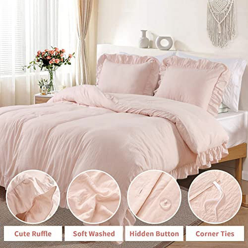 Ruffled Duvet Cover Twin/Queen/King Size, 3 Pieces Soft Washed Microfiber Duvet Cover Set, Shabby Chic Home Bedding Duvet Covers with Button Closure