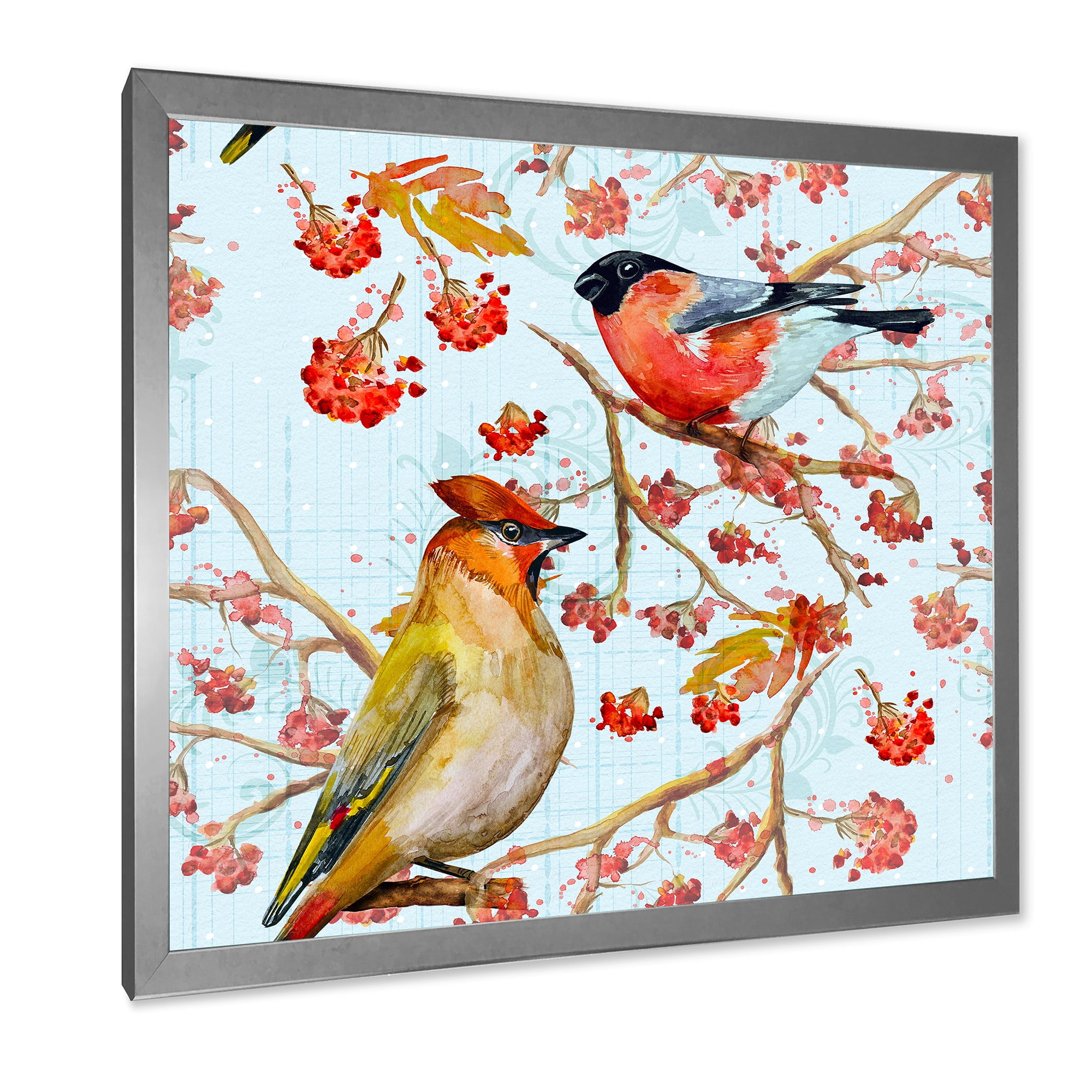 Two Birds Sitting On Branches During Autumn 30 in x 30 in Framed Painting Canvas Art Print, by Designart