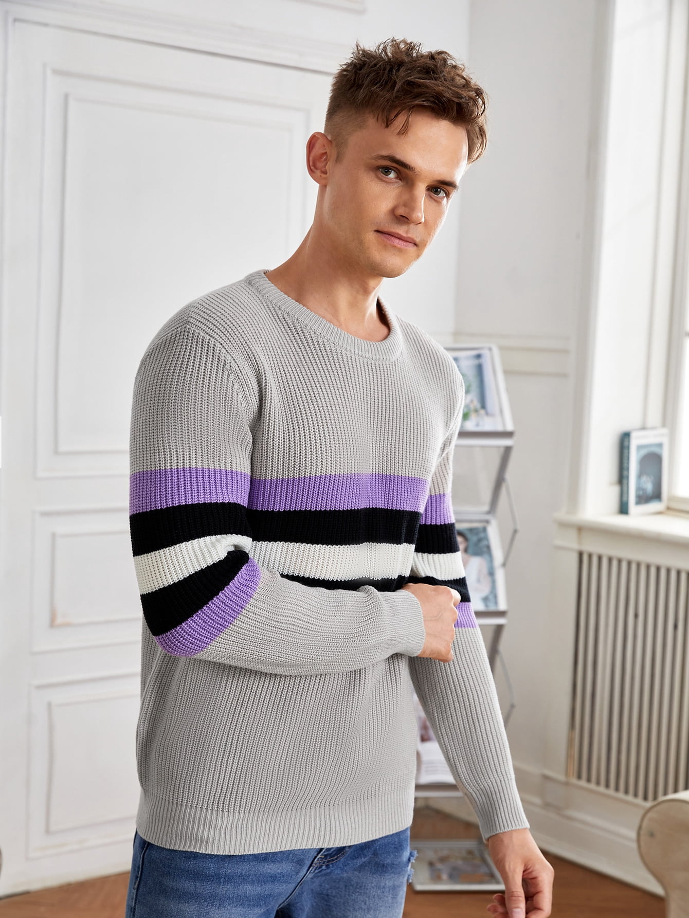 Men Block Striped Pattern Sweater XL(12 