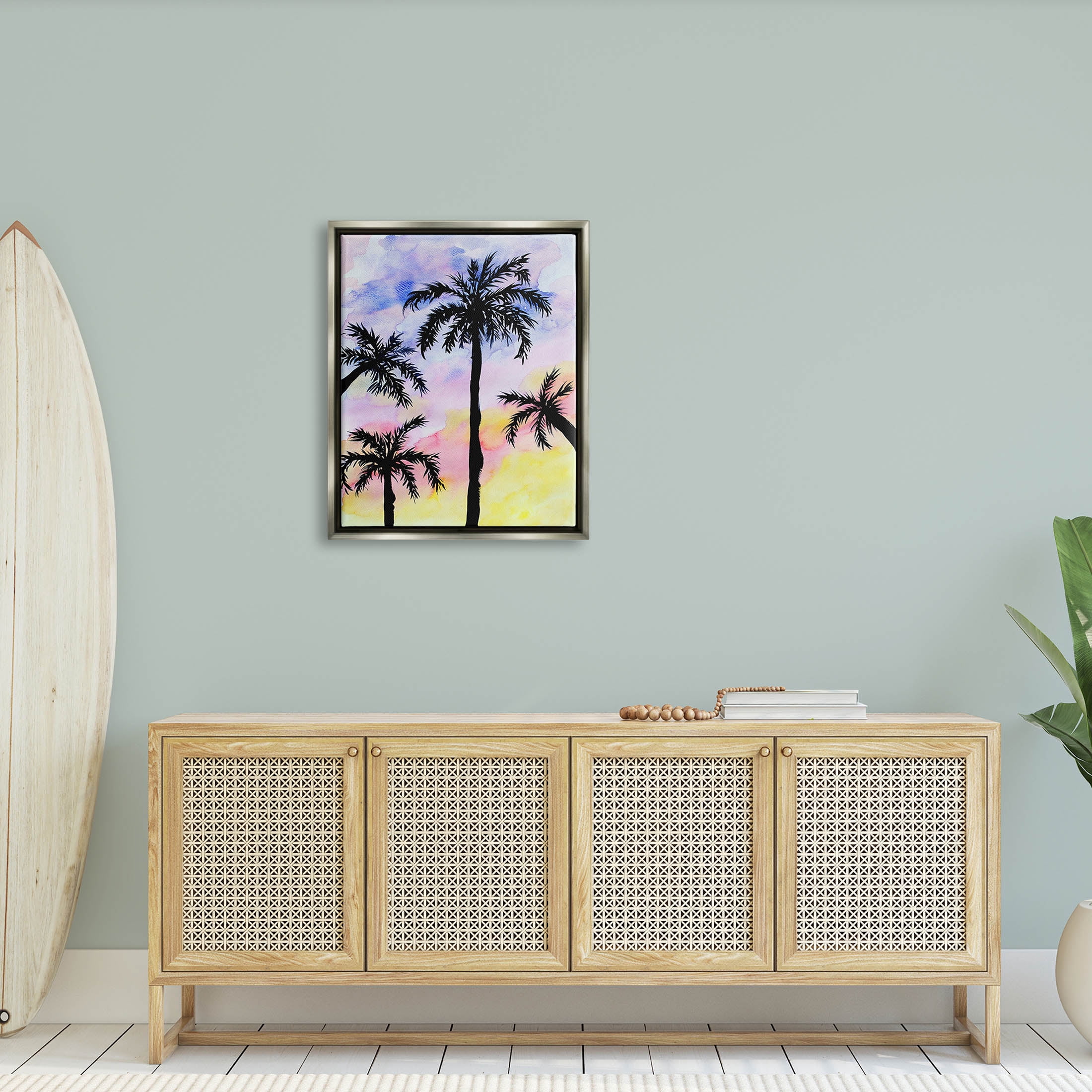 Palm Tree Silhouettes Sunset Sky Botanical & Floral Graphic Art Luster Gray Framed Art Print Wall Art