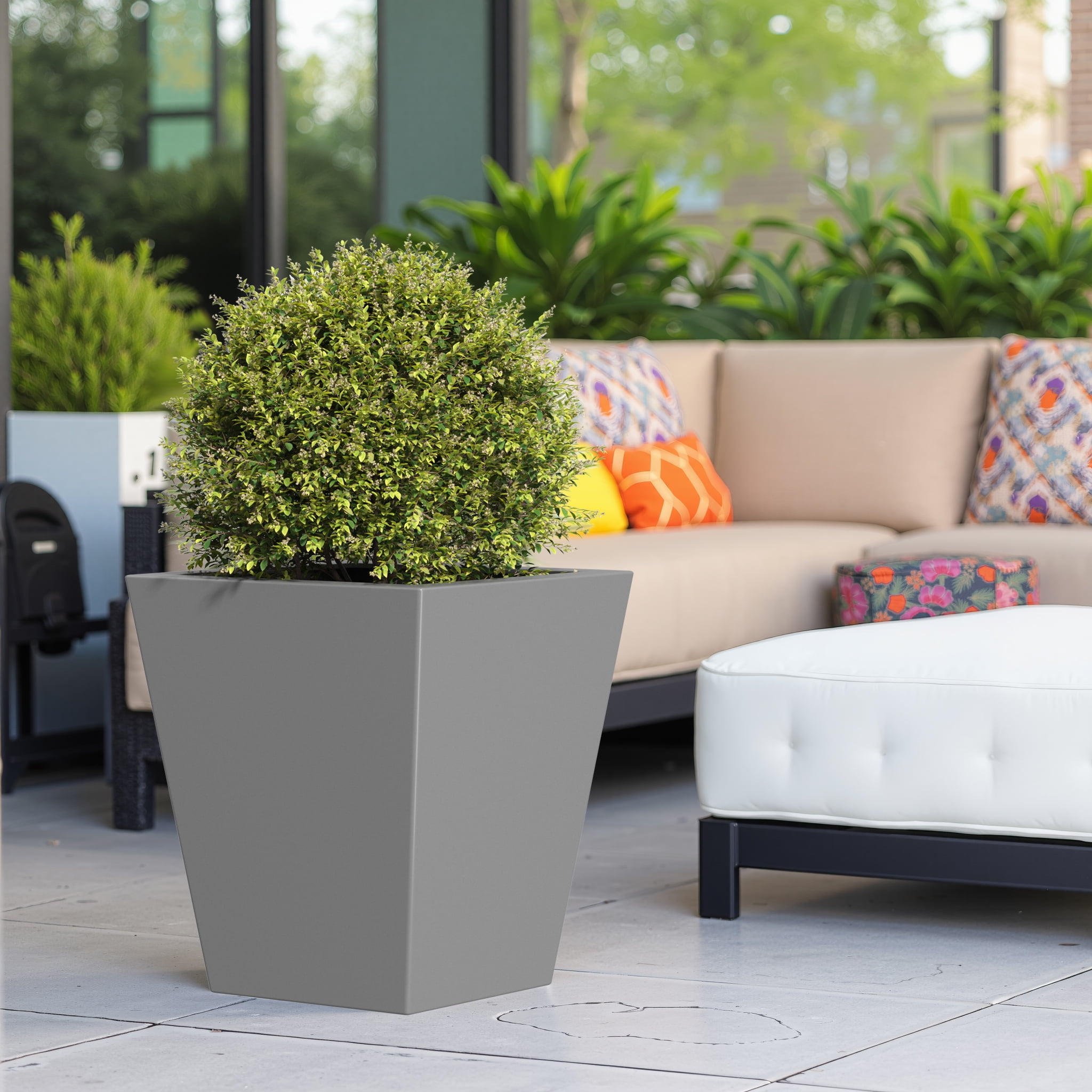 MAYEERTY 18"H Metal Tapered Planter, Large Plant Pot with Drainage Hole & Rubber Plug for Patio, Gray