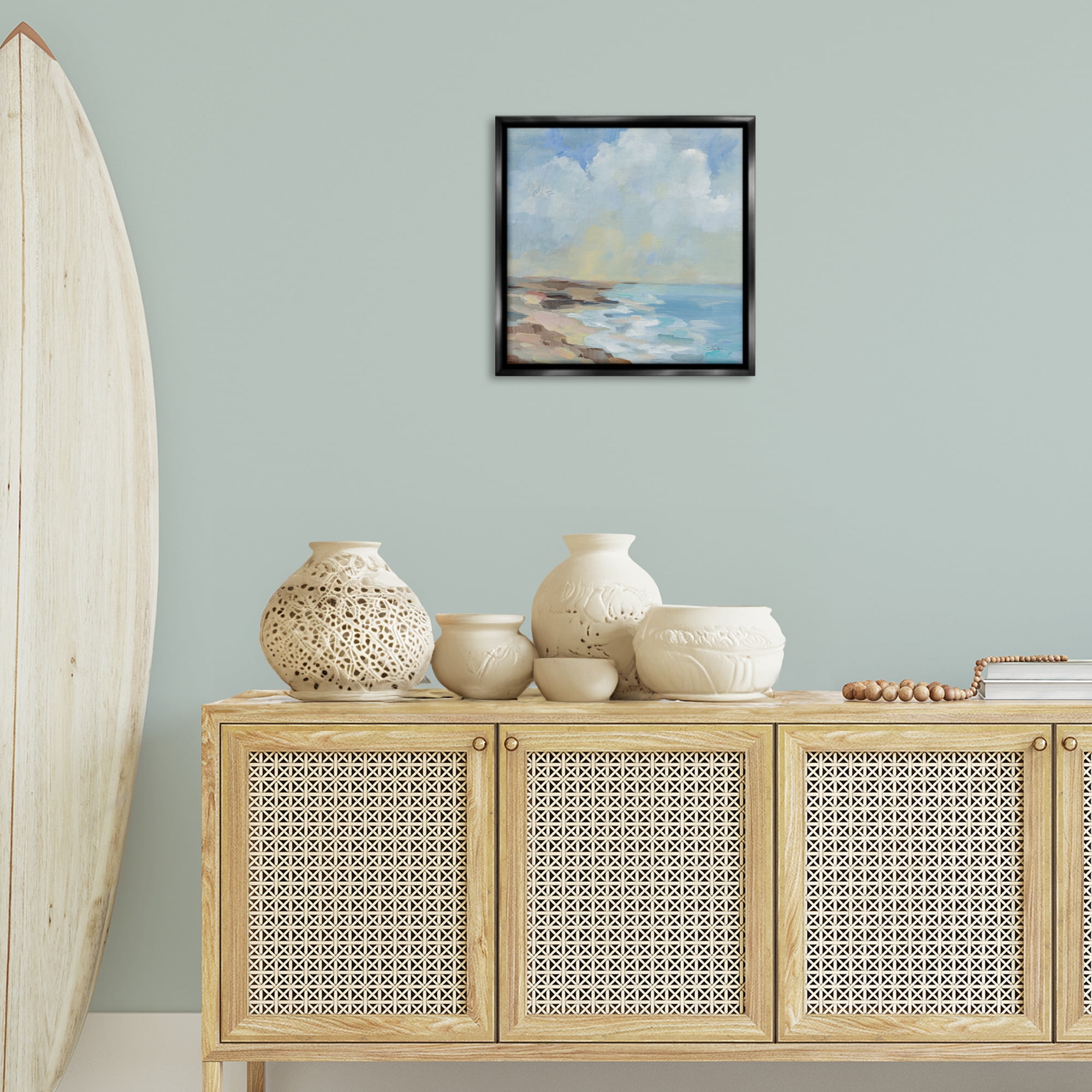 Stupell Industries By The Beach Shore Nautical & Beach Painting Black Floater Framed Canvas Art Print Wall Art, 18 x 18