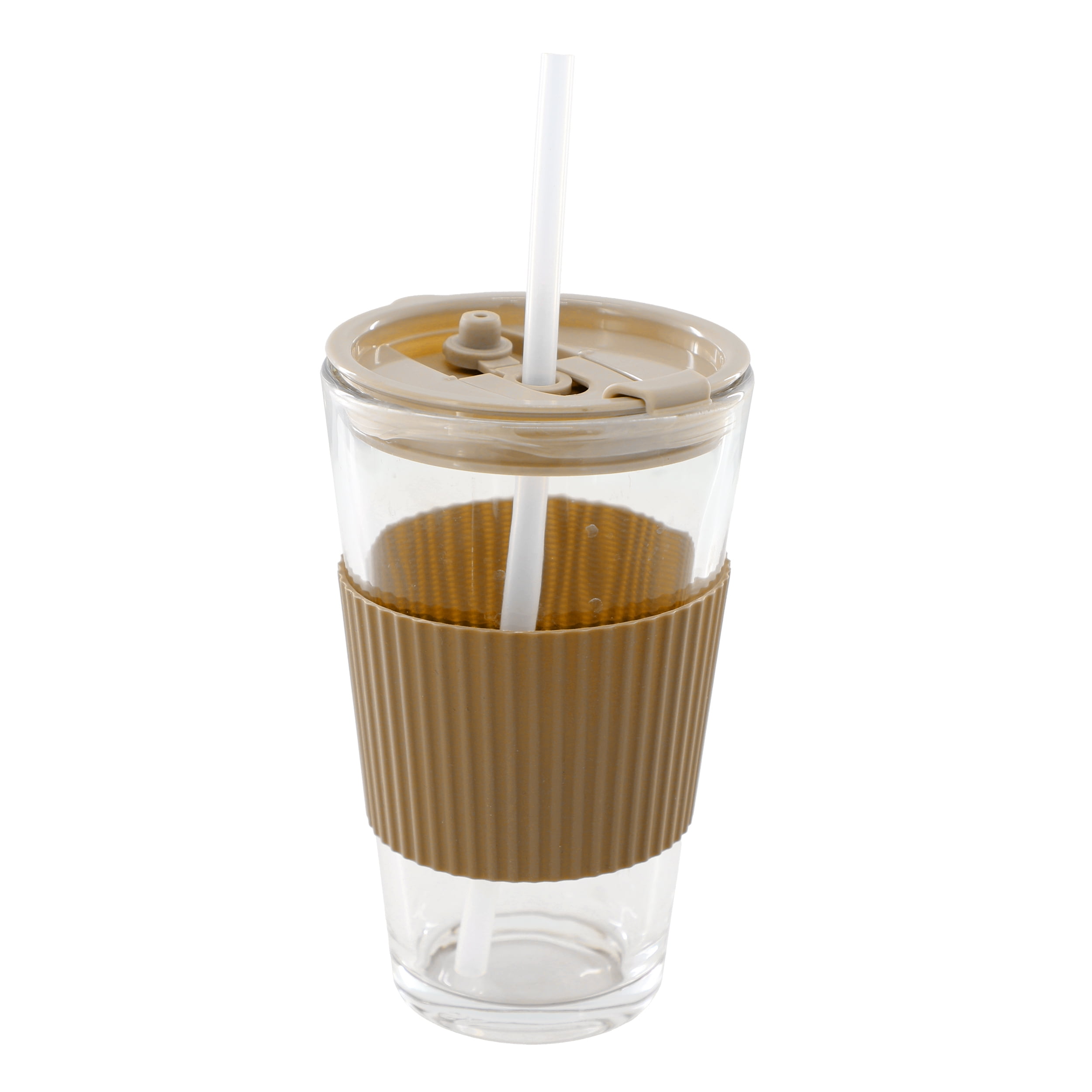 Mr. Coffee Sip Savvy 4 Piece 15 Ounce Silicone Sleeve Glass Cup Set w/ Lid and Straw in Brown