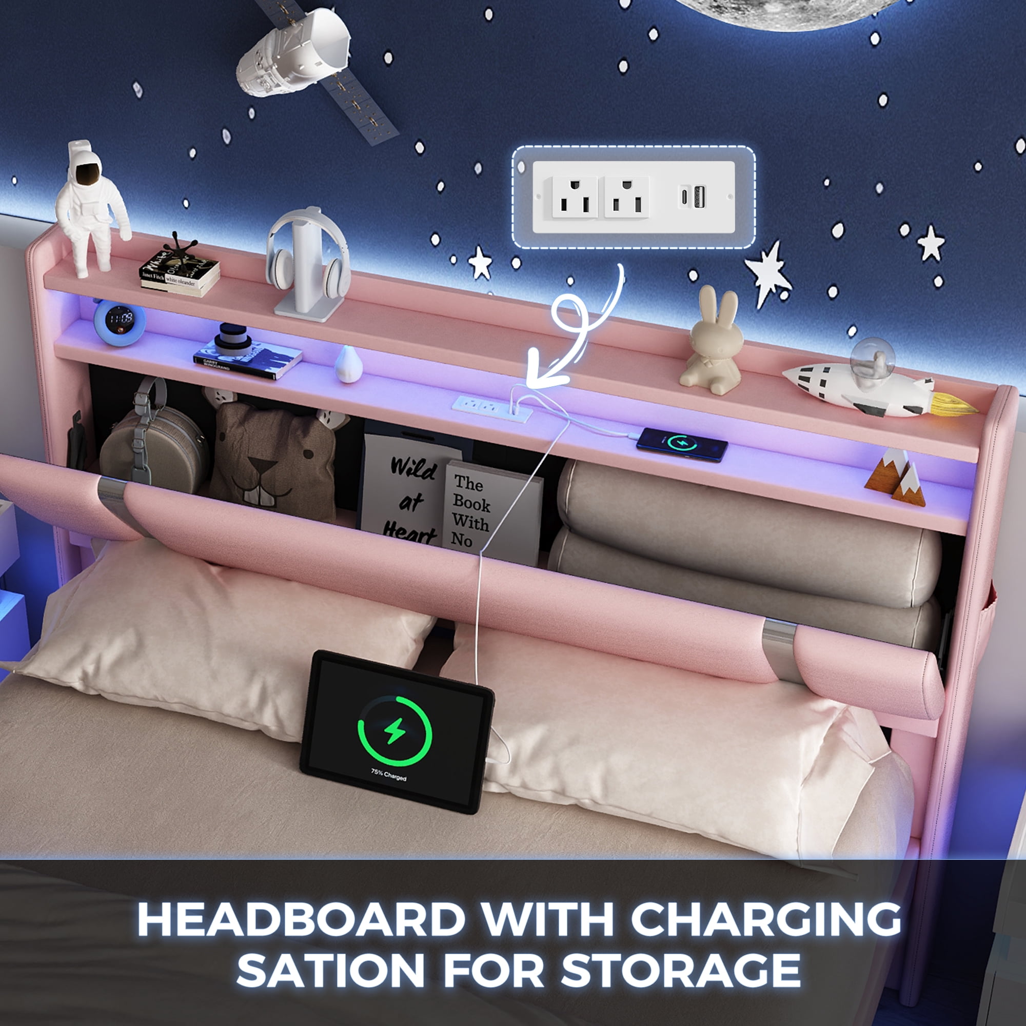 IDEALSOUL Queen Size Floating Bed Frame with Upholstered Storage Headboard, Metal Platform Bed with Charging Station & LED,No Box Spring Needed,Easy to Assemble (Queen,Pink)