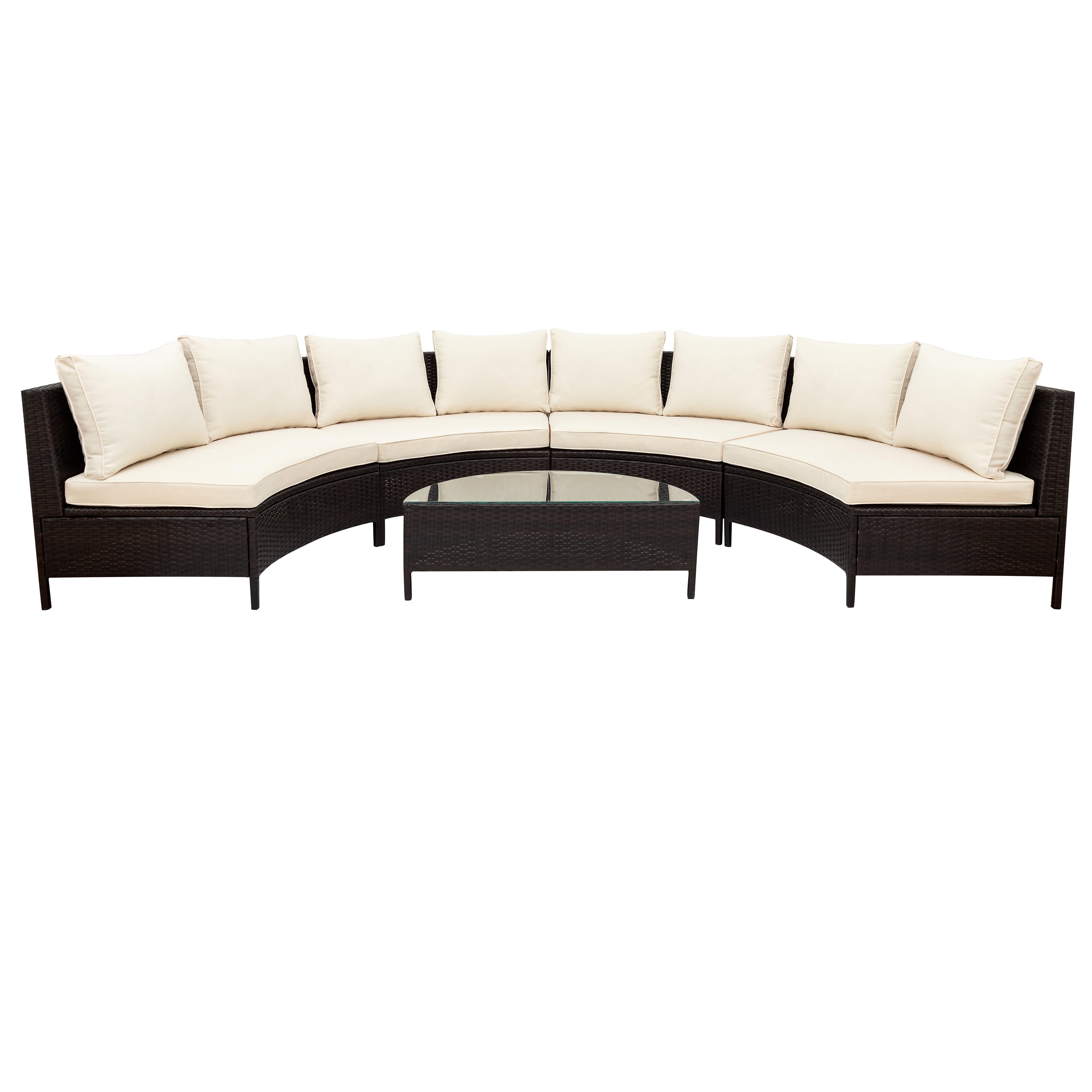 MAYEERTY 5-Piece Outdoor Rattan Sofa Set – All-Weather Half-Moon Sectional Patio Furniture with Tempered Glass Table & Cushions