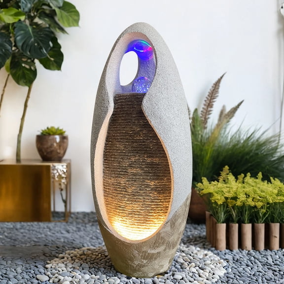 Outdoor Fountain 27.55 Inch, Large Garden Fountain for Outside, Natural Stone Look Indoor Water Fountain with LED Light, Peaceful Cascading Waterfall for Patio, Yard, Home Decor