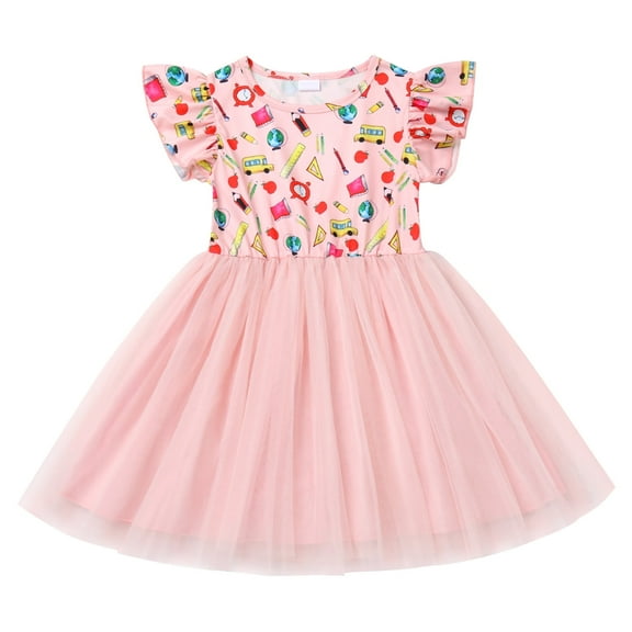 IDOPIP Toddler Kids Girls Back to School Tulle Tutu Dress Pencil Print First Day of School Outfit