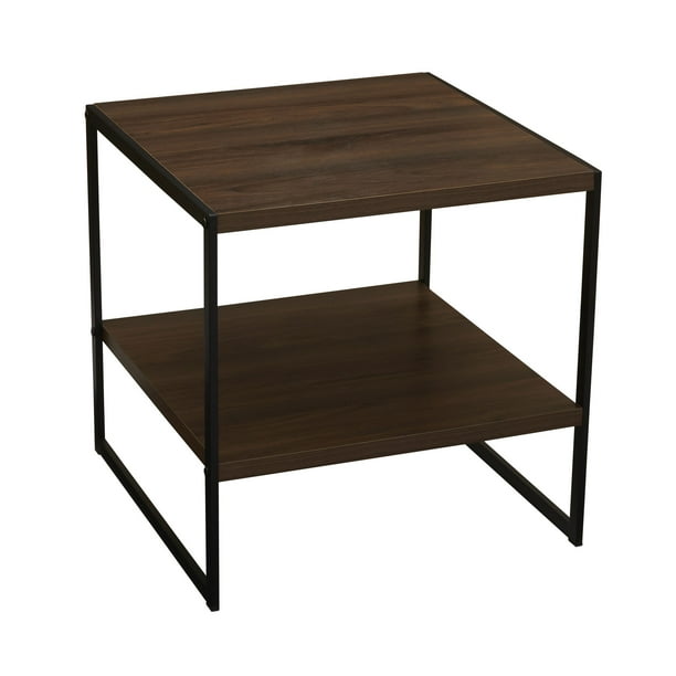 Household Essentials Low Profile Square Side Table And End Black Metal Frame With Mid Century Walnut Finish Com Profile Square Side Table And End, Small Square Side Table With Shelf