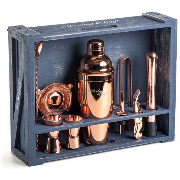 Mixology Bartender Kit: 11-Piece Bar Tool Set with Rustic Wood Stand | Perfect Home Bartending Kit and Cocktail Shaker Set for a True Drink Mixing Experience | Fun Housew