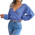 thumbnail image 2 of Womens Fall Winter Colorful Long Sleeve V Neck Open Navel Sweater Plus Size Long Pullover Sweater Blue M, 2 of 8