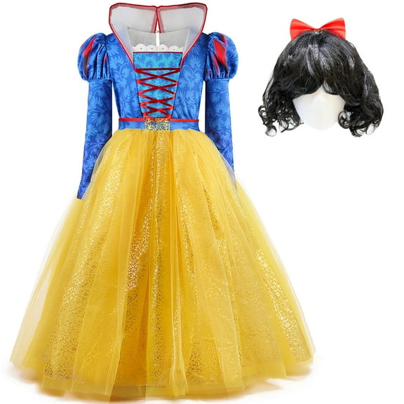 Princess Snow Costume with Wig for Girls Halloween Movie Cosplay Dress Up, Size for 7-8 Year