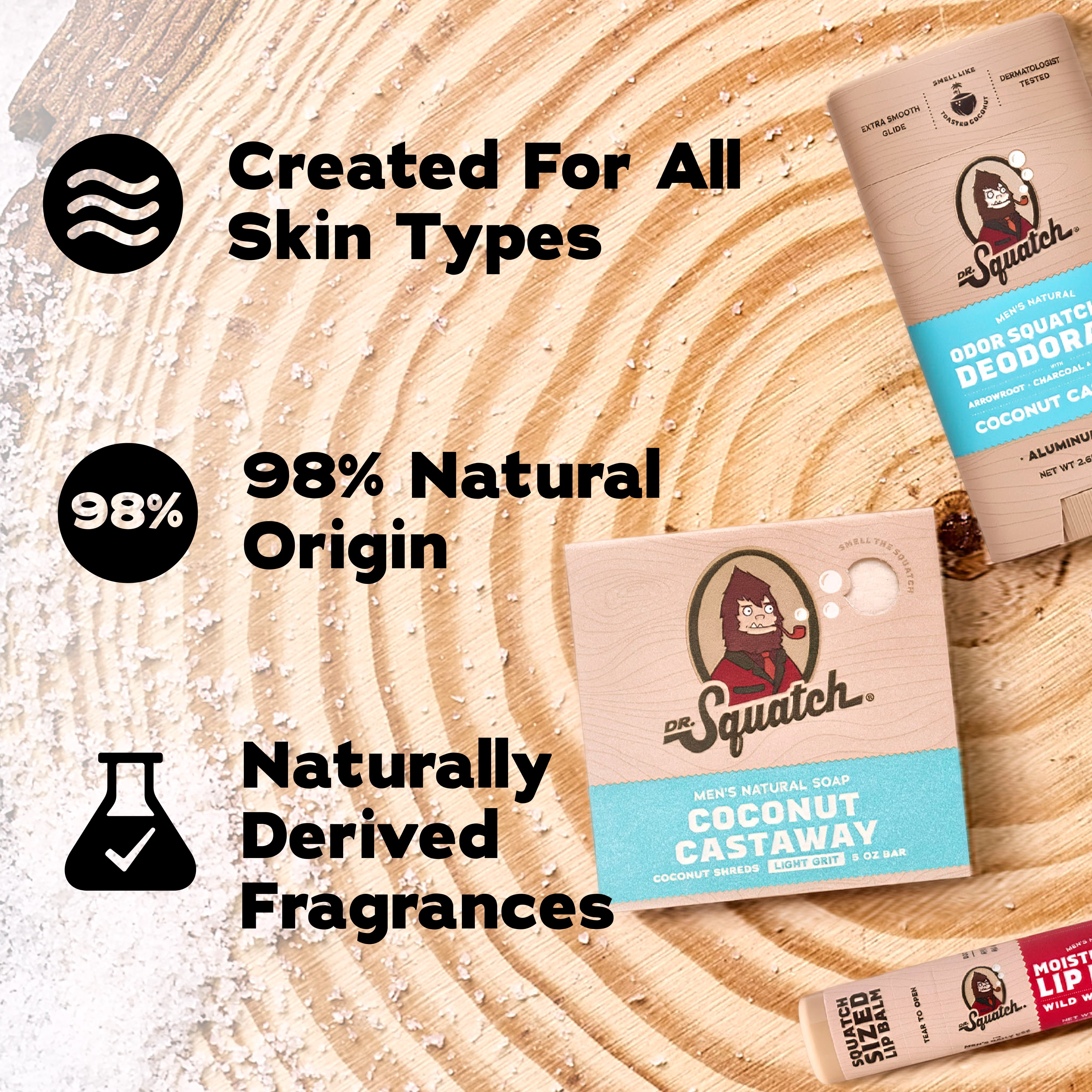 Dr. Squatch Holiday Gifts for Men – Natural Bar Soap, Aluminum Free Deodorant & Lip Balm – Coconut Castaway + Wild Watermelon (3-Pack)