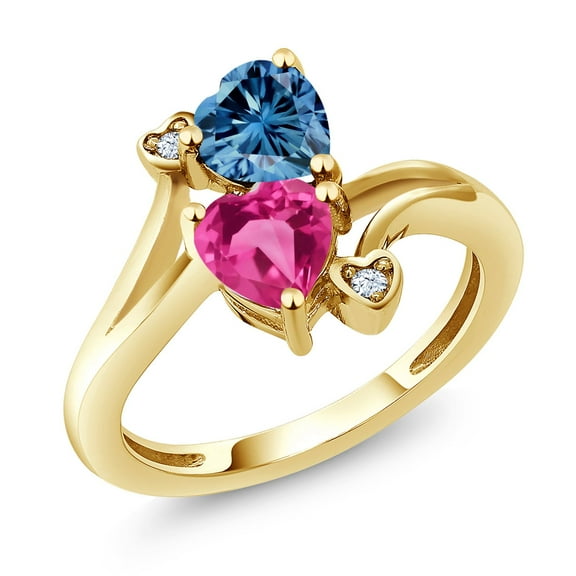 Gem Stone King 18K Yellow Gold Plated Silver Persian Blue Moissanite Pink Created Sapphire Ring for Women (1.63 Cttw, Heart Shape 6MM, Gemstone Birthstone, Size 9)