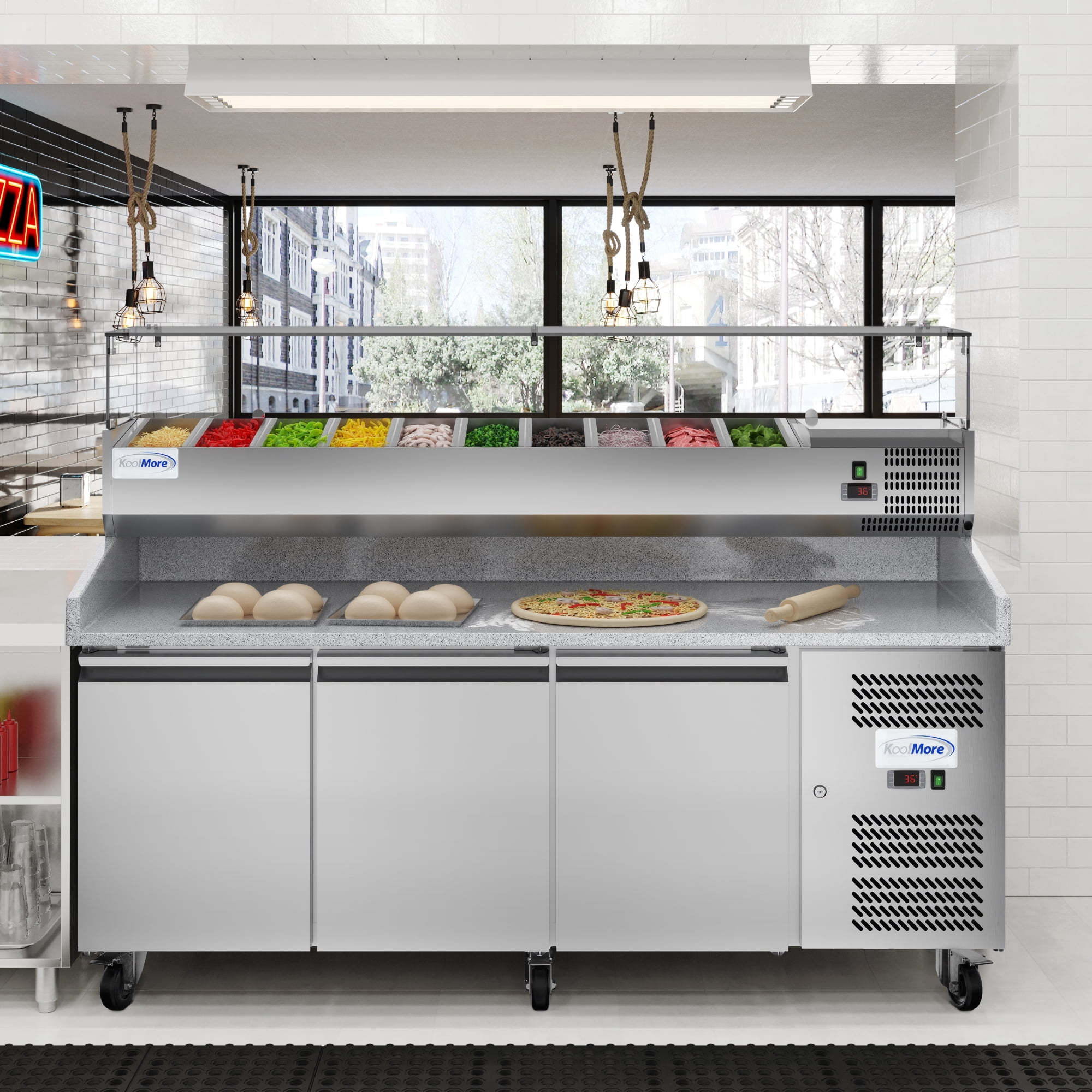 79 in. Three-Door Commercial Refrigerated Granite Top Pizza Prep Station With a Refrigerated Stainless-Steel Condiment Pan Holder (KM-RPCPS-2D79-GRT)