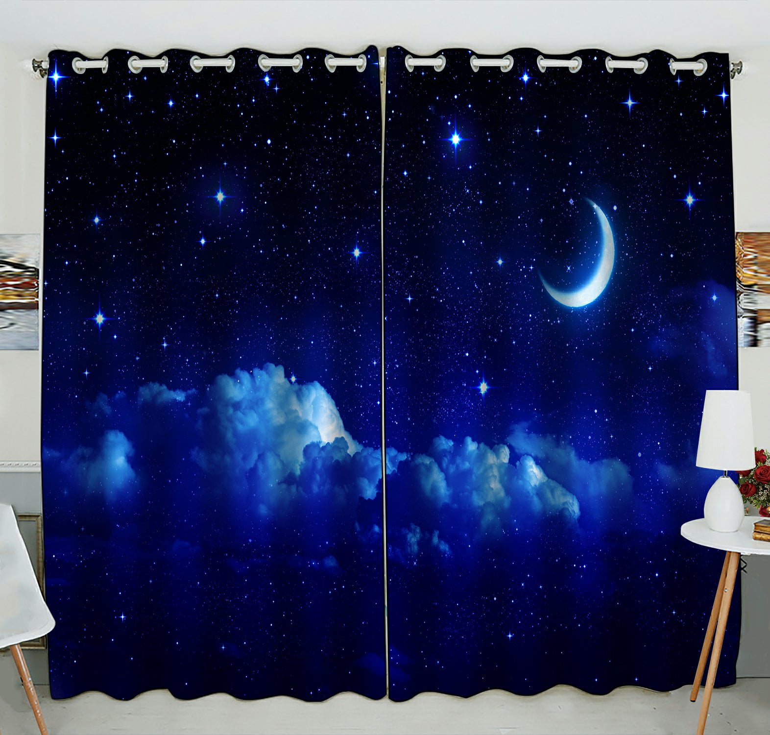 Phfzk Night Sky Window Curtain, Starry Sky With Moon In Scenic