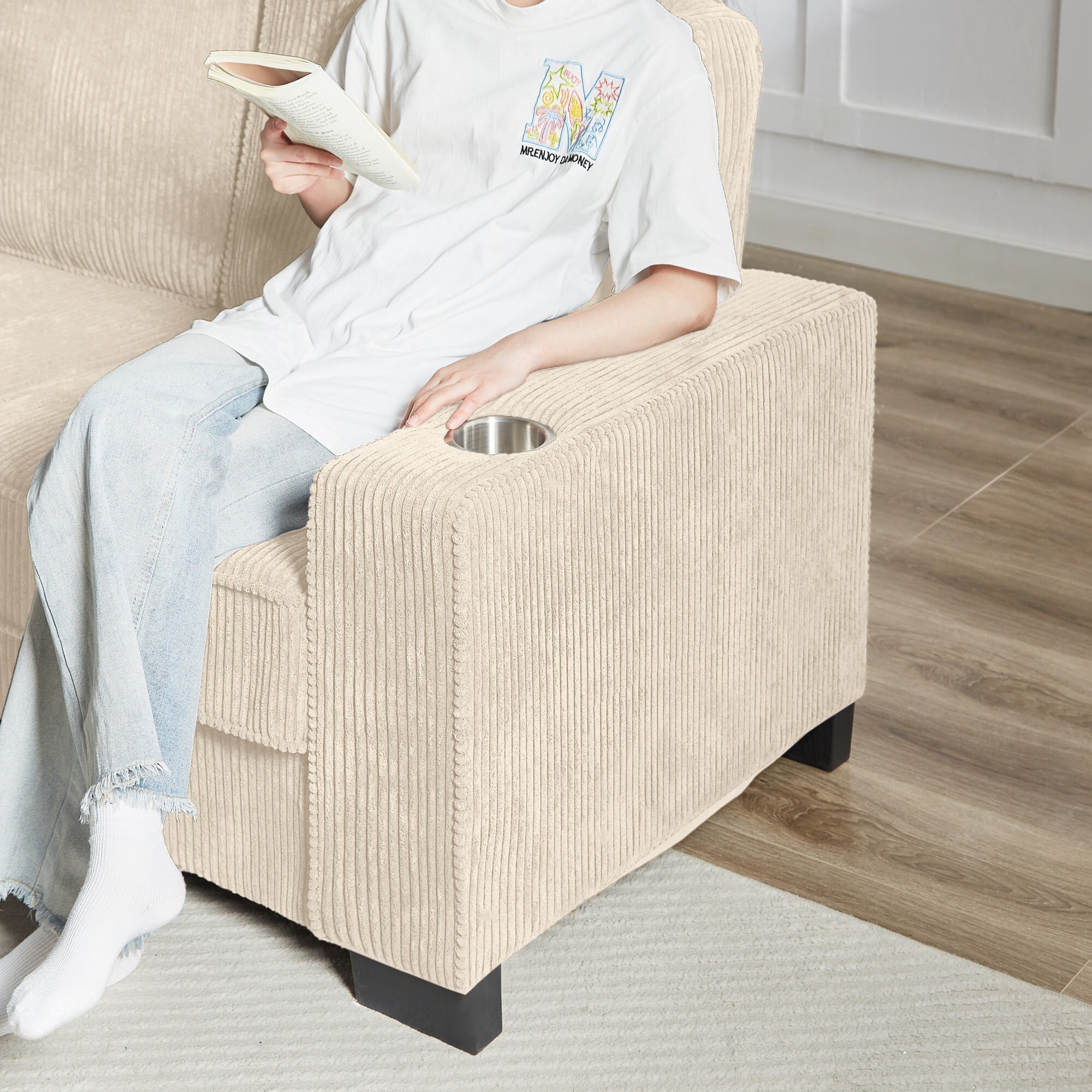 AENKYO 84" Modern Corduroy 3-Seater Sofa, Compressed Couch with Built-in Cup Holders & Washable Covers, Beige