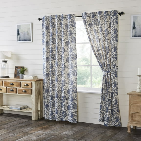 VHC Brands Dorset, Farmhouse Curtain Panels, Floral, Navy, 84x40, Set of 2