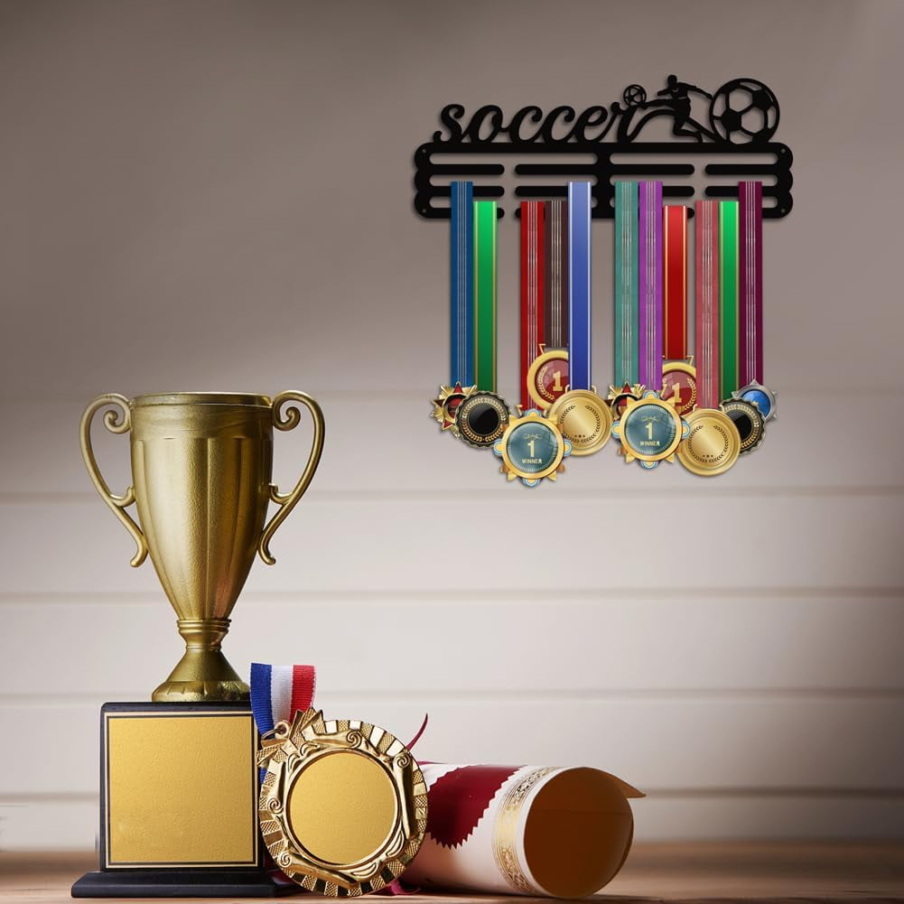 PH Soccer Medal Hanger Football Medal Display Sports Ribbon Holder Ball Competition Medal Holder Medals Display Awards Medal Rack Wall Mount Tiered Medal Hook for Athletes Competition Black DIY