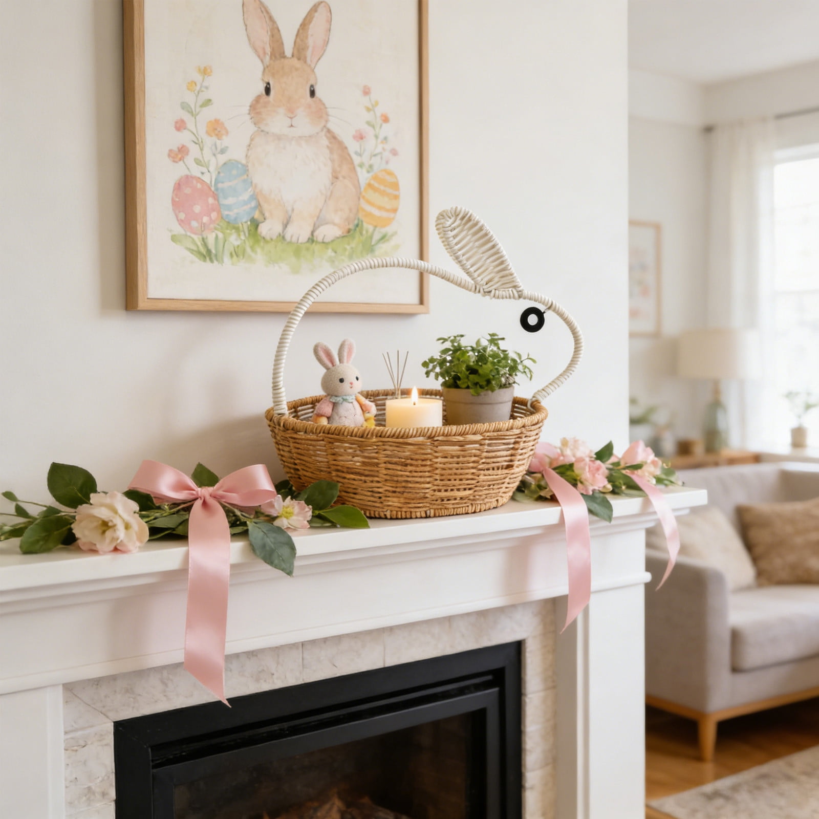 Easter Woven Basket & Woven Rabbit - Woven Baskets for Storage, Handheld Plastic Storage Basket with Chicken & Egg Decor, Spring Gift Basket, Flower Holder, Home Decorative Organizer