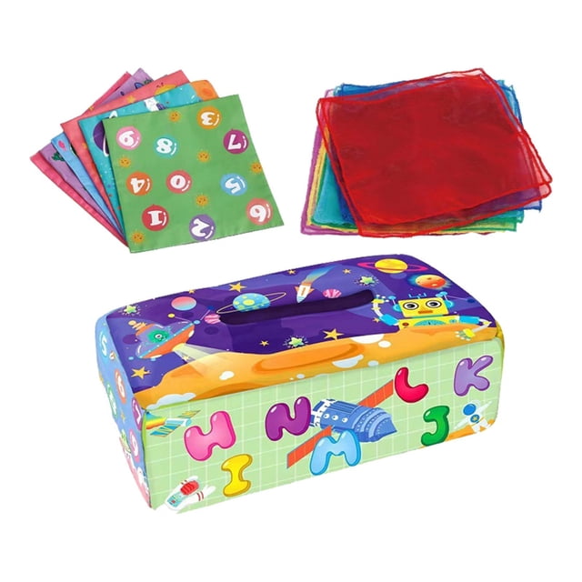 Caja de pañuelos para bebé para arrastrar, juguete Montessori de tejido arrugado, caja de pañuelos para bebé Espacio